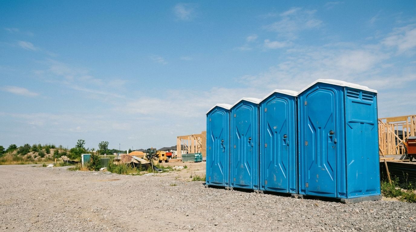 Porta potty rental units lined up at a Houston, Texas job site